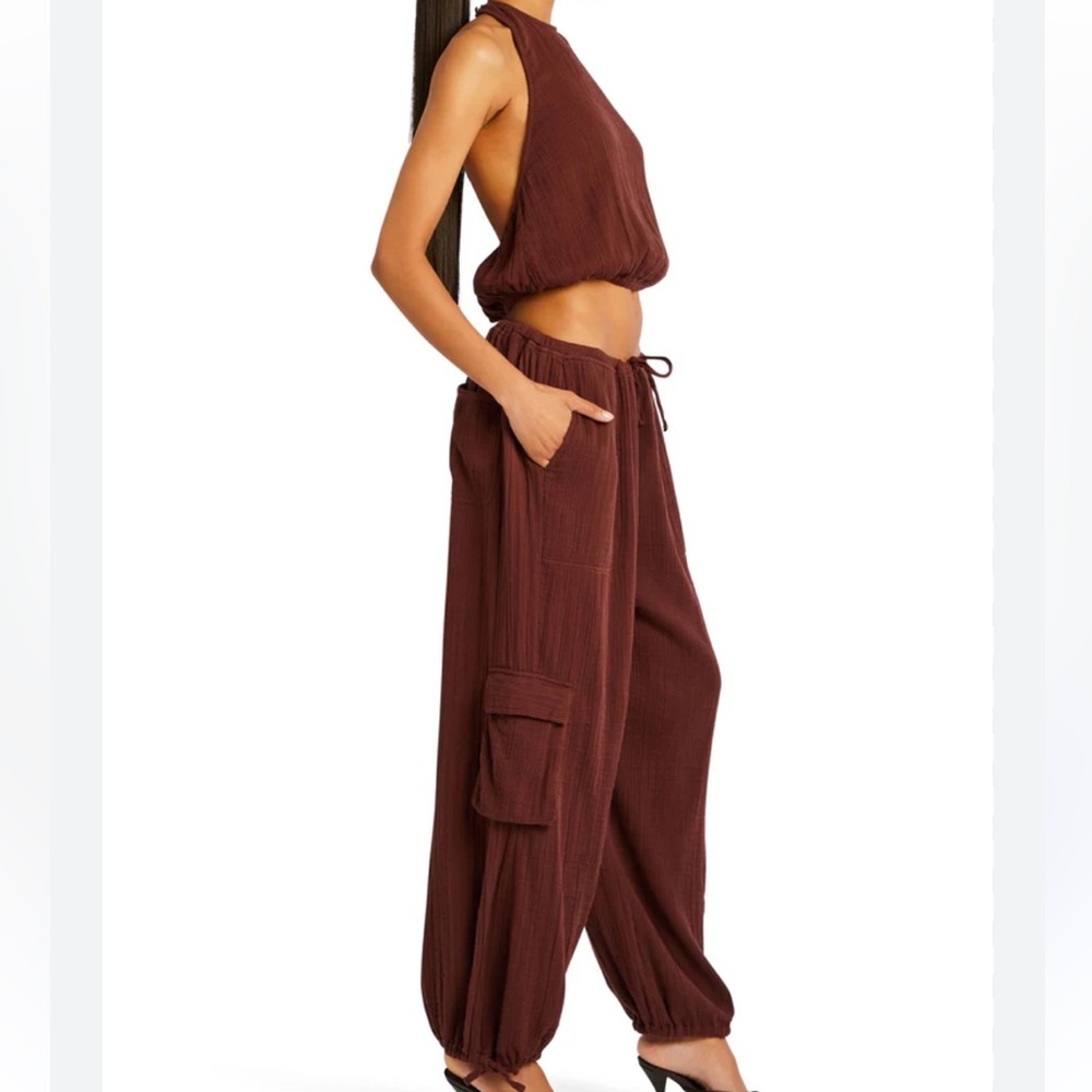 SER.O.YA Zira Gauze Cargo Pant and Yen Halter Top set in Coconut Brown